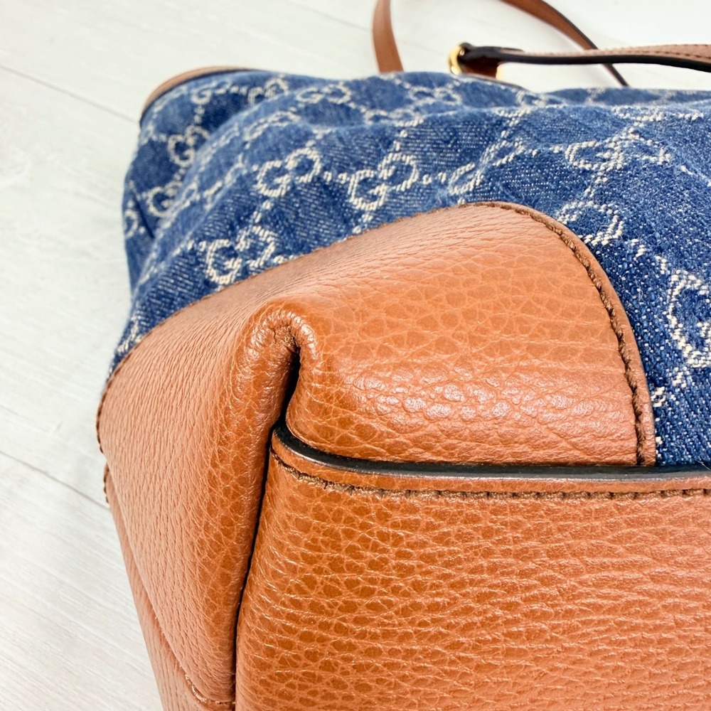 Gucci GG Monogram Denim Tote Bag Medium Blue Brown Leather Trim Tea Cuir - Picture 9 of 16